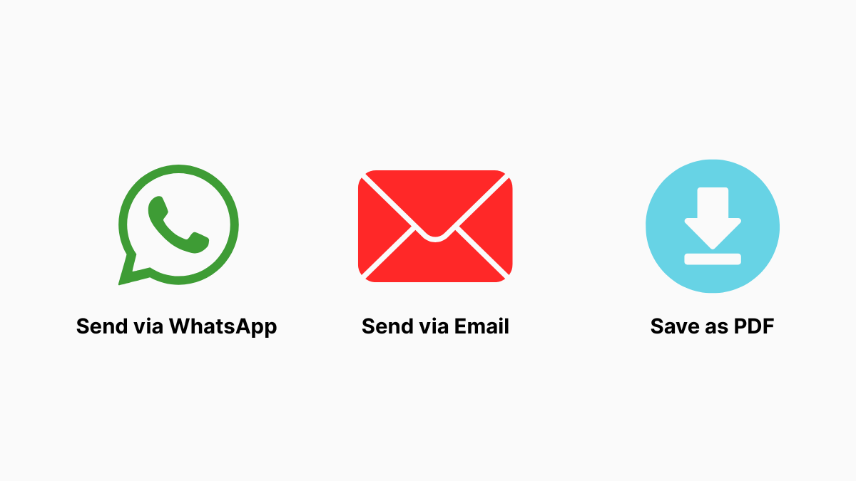 Send via WhatsApp, Email, or save as PDF screenshot